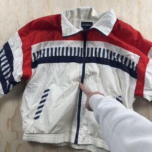 Vintage Triples Jacket Mens Medium Red White Blue Striped Nylon Windbreaker USA